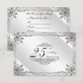 Flourish Silver 25th Wedding Jubileum RSVP Kaartje (Voorkant / Achterkant)