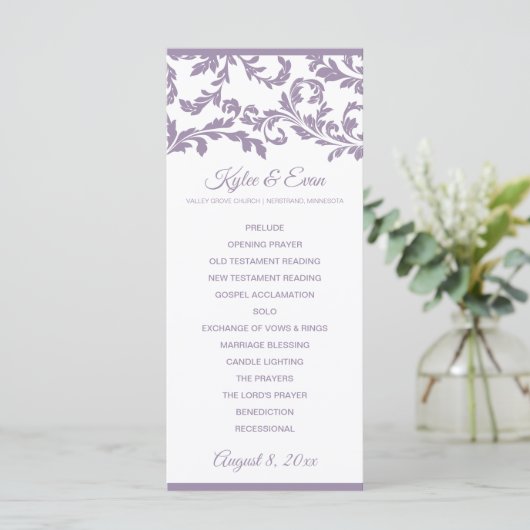 Flourish Wedding Program | Lavendel Paarse Programmakaart (Staand voorkant)