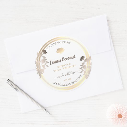 Flourish White en Gold Product Verpakkingslabels Ronde Sticker (Envelop)