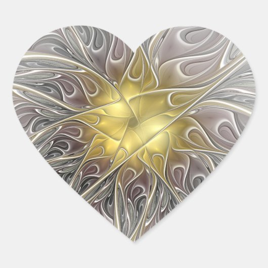 Flourish With Gold Modern Abstract Fractal Flower Hart Sticker (Voorkant)