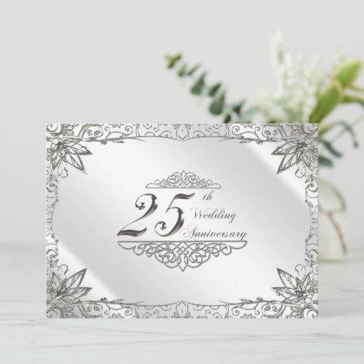 Flourish Zilveren 25e Trouwdag Uitnodiging (Staand voorkant)