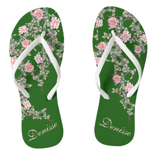 Flourishing roze bloemen Gepersonaliseerde Naam Gr Teenslippers (Voetbed)