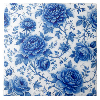 Flow Blauwe Bloemen Rozen Pioenrozen Kobaltblauw W Tegeltje