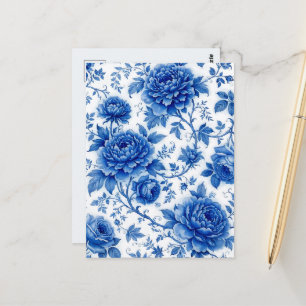 Flow Blue Bloemen Rozen Pioenrozen Kobaltblauw Wit Briefkaart