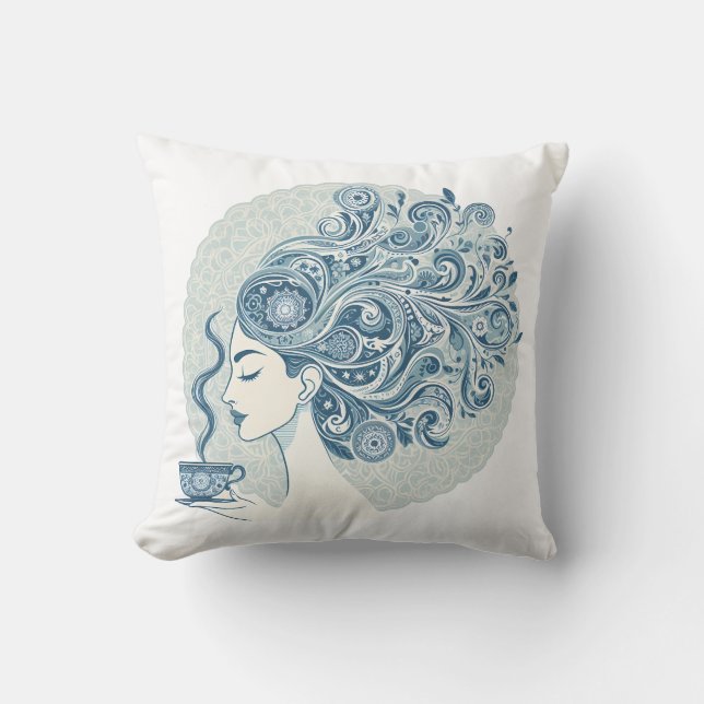 Flow Woman Art – Blue Tegel Fusion Kussen (Voorkant)