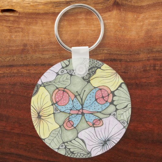 Flower1 en Butterfly doodle kunst sleutelhanger. Sleutelhanger (Achterkant)