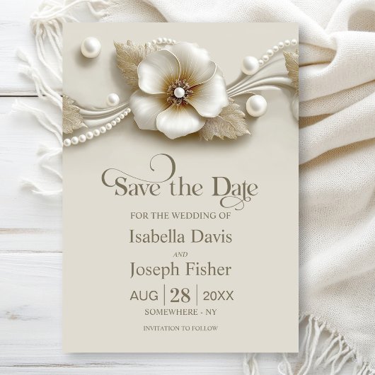 Flower and Pearls Wedding Save the Date Kaart