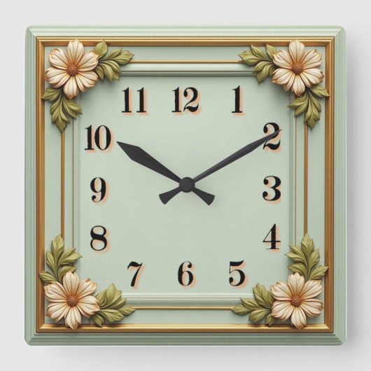 Flower Art Deco Mint Vierkante Klok (Voorkant)