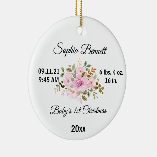 Flower Baby's Eerste Kerstmis & Aangepaste Geboort Keramisch Ornament (Rechts)