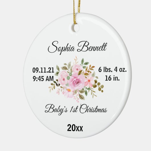 Flower Baby's Eerste Kerstmis & Aangepaste Geboort Keramisch Ornament (Links)