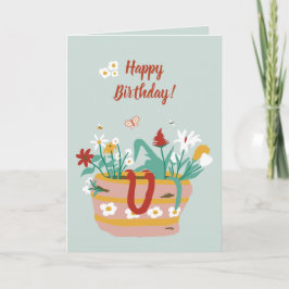 Flower Basket Happy Birthday-tekst - blauw groen Kaart