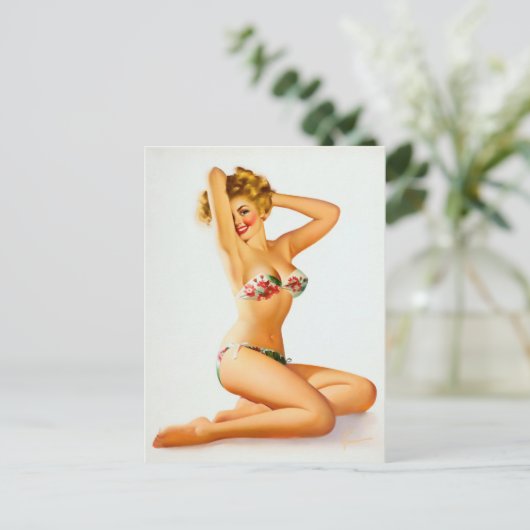 Flower bikini pin up briefkaart (Staand voorkant)