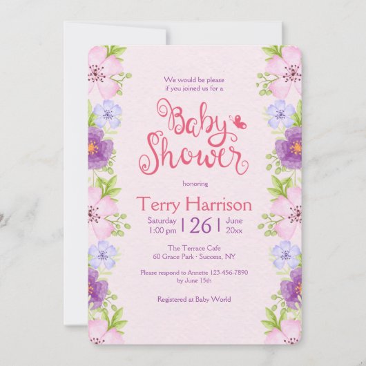 Flower Border Roze Baby shower Uitnodiging (Voorkant)