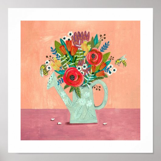 Flower bouquet in watering can pink poster (Voorkant)