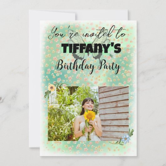 Flower & Butterfly Verjaardag Uitnodiging (Voorkant)