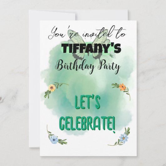 Flower & Butterfly Verjaardag Uitnodiging (Voorkant)