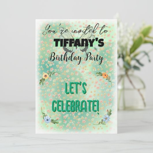 Flower & Butterfly Verjaardag Uitnodiging (Staand voorkant)