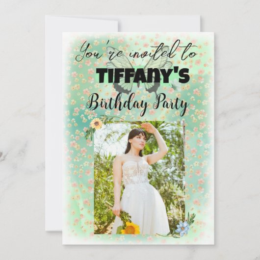 Flower & Butterfly verjaardagsuitnodiging Kaart (Voorkant)