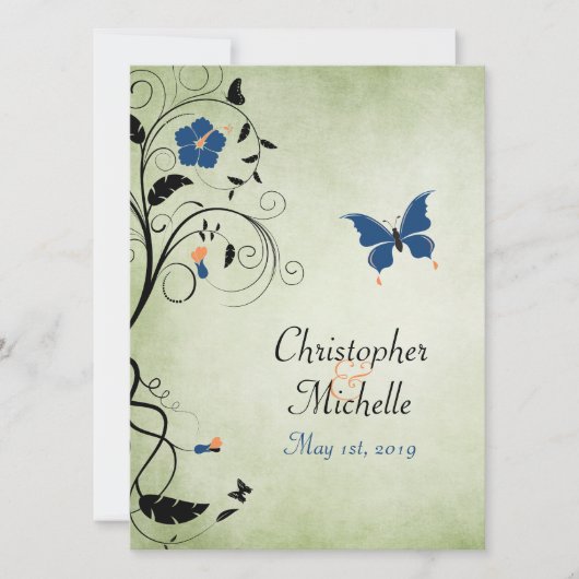 Flower Butterfly Wedding Uitnodiging, Receptie & R Kaart (Voorkant)