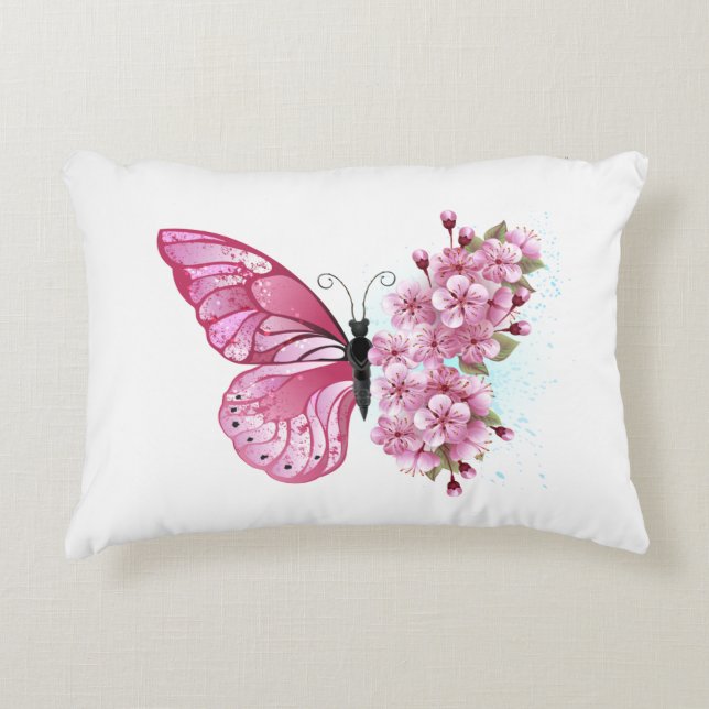Flower Butterfly with Pink Sakura Accent Kussen (Voorkant)