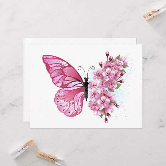 Flower Butterfly with Pink Sakura Kaart (Voorkant / Achterkant in situ)