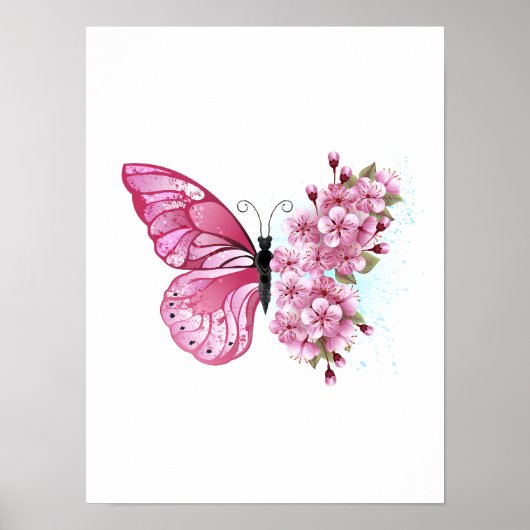 Flower Butterfly with Pink Sakura Poster (Voorkant)