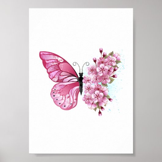 Flower Butterfly with Pink Sakura Poster (Voorkant)
