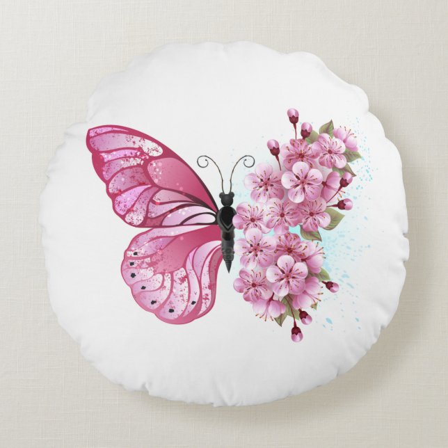 Flower Butterfly with Pink Sakura Rond Kussen (Voorkant)