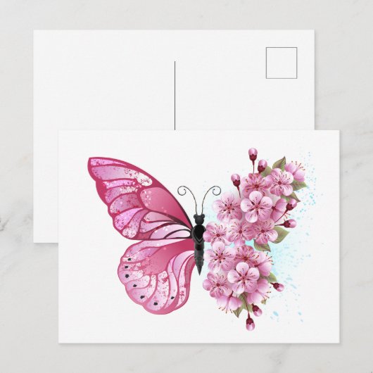 Flower Butterfly with Pink Sakura Uitnodiging Briefkaart (Voorkant / Achterkant)