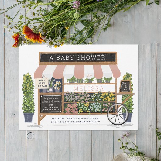 Flower Cart Farmer's Market Blush Roze Baby shower Kaart