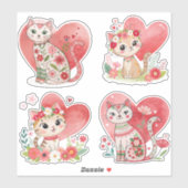 Flower Cat en Heart Custom-Cut Vinyl Sticker (Vel)