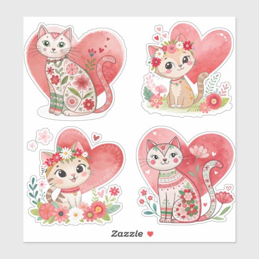 Flower Cat en Heart Custom-Cut Vinyl Sticker (Vel)