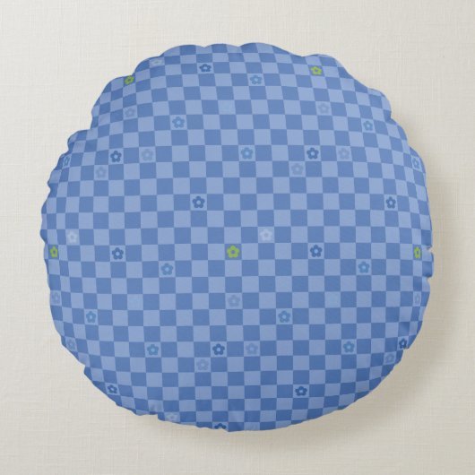 Flower Checkered Pattern No. 01 - Light Blue Rond Kussen (Voorkant)