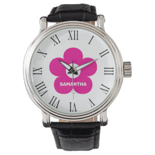 Flower Classic Zwart en Wit Roze Custom Name Horloge