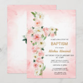Flower Cross Baptism Invitation, Floral Christian Kaart (Voorkant / Achterkant)
