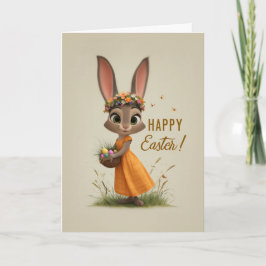 Flower-Crown Bunny in Orange Dress Easter Card Kaart