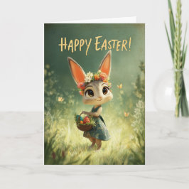Flower-Crown Bunny with Easter Basket Meadow Card Kaart