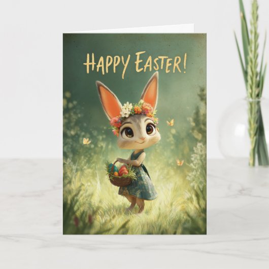 Flower-Crown Bunny with Easter Basket Meadow Card Kaart (Voorkant)