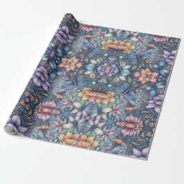 FLower Damask Blue Gold Cadeaupapier