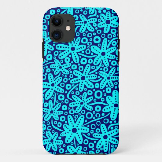 Flower Design - Cyan on Deep Navy.pdf iPhone Case (Achterkant)