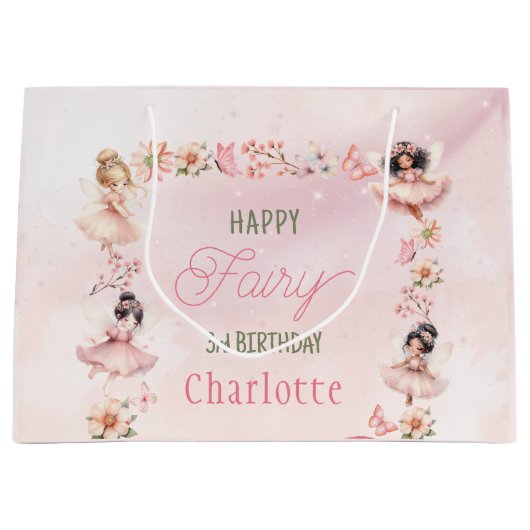 Flower Fairy 3rd Pink Glitter Gift Bag Groot Cadeauzakje (Voorkant)