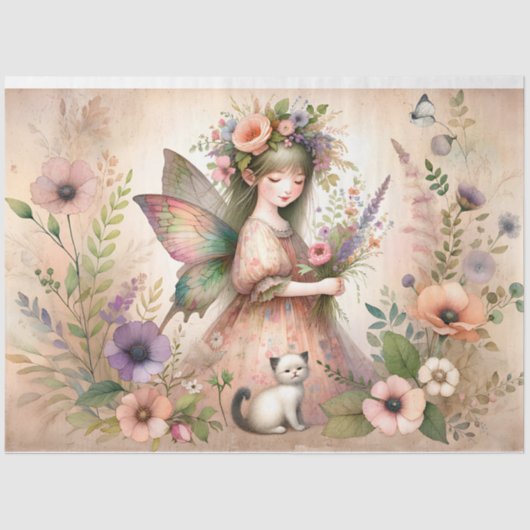  Flower Fairy & Schattige Kitten Decoupage Tissuepapier (Voorkant)
