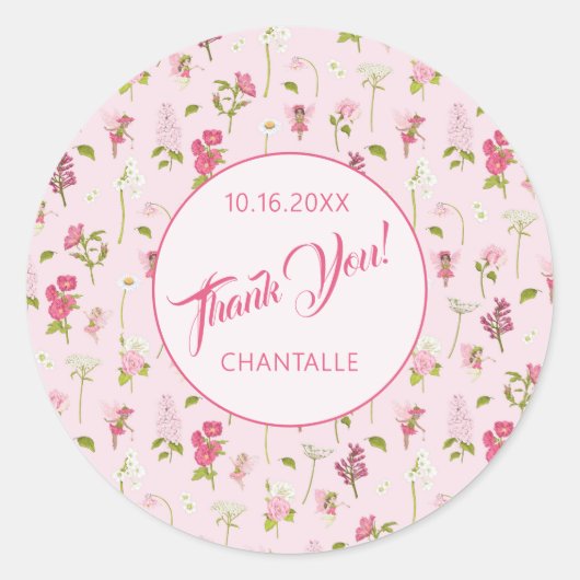 Flower Fairy Thank You Name Date Ronde Sticker (Voorkant)