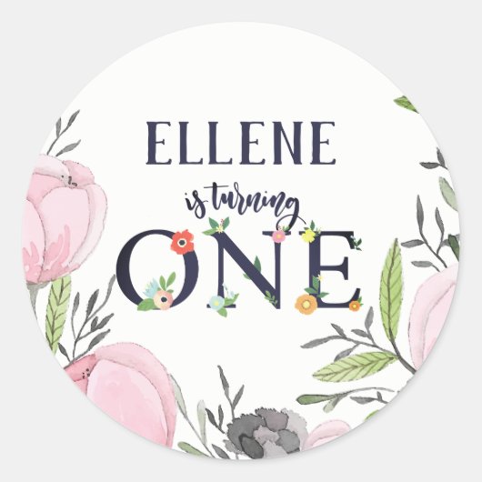 Flower First Birthday Party Classic Round Sticker (Voorkant)