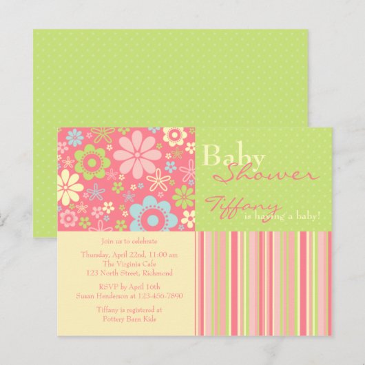 Flower Fizz Roze & Groen · Baby shower Uitnodiging (Voorkant / Achterkant)