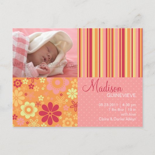 Flower Fizz Roze & Sinaasappel · Baby Aankondiging (Voorkant)