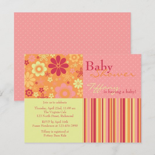 Flower Fizz Roze & Sinaasappel · Baby shower Uitno Uitnodiging Briefkaart (Voorkant / Achterkant)