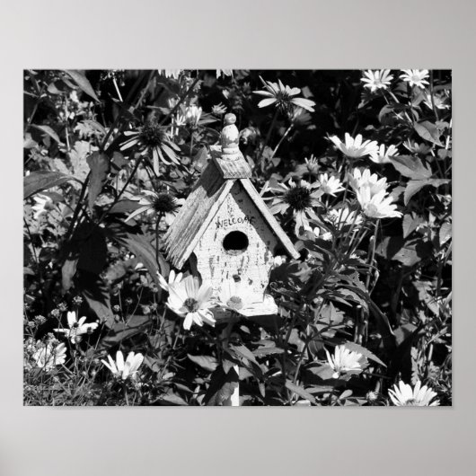 Flower Garden Bird House zwart-wit Poster (Voorkant)