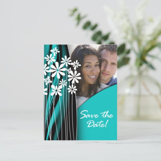 Flower Garden Save the Date Briefkaart (turquoise) (Staand voorkant)