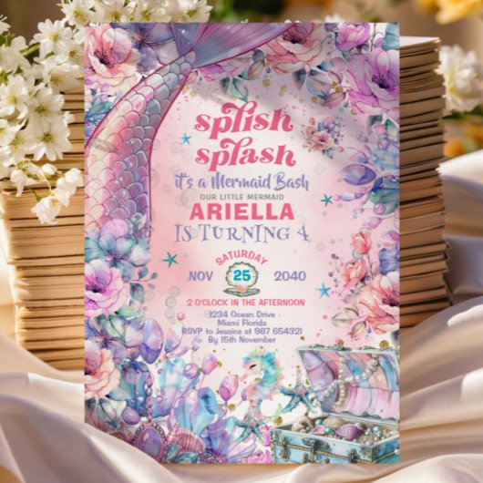 Flower Glitter Mermaid Tail 4th Birthday Kaart